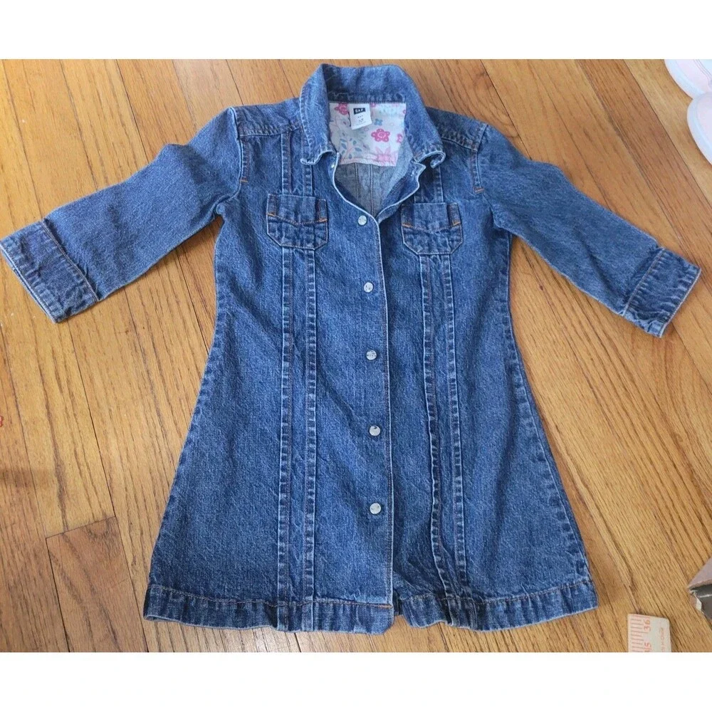 Vintage Y2k GAP Sz  XS 4 KIDS Dark Denim Floral Snap Button Front Dress Western